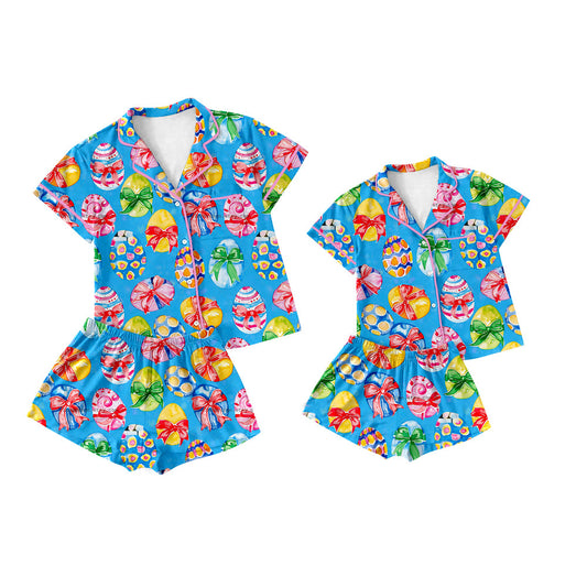 Baby Girl Toddler Adult Women Short Sleeves Easter Bows Eggs Shorts Sibling Family Shorts Pajamas Set ( Moq 5 Each Style ) 12.12