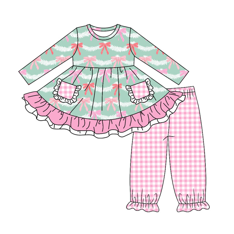 Baby Girl Long Sleeves Bows Pocket Tunic Pink Plaid Pants Set