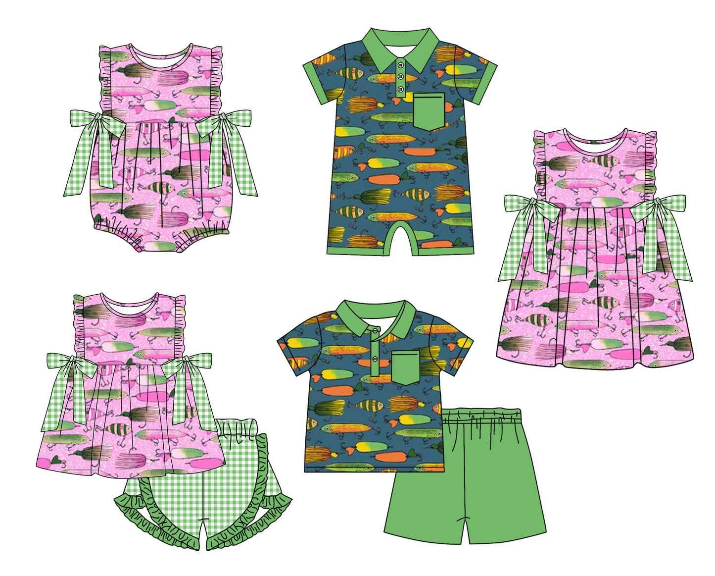 Baby Boy Girl Sibling Fishing Summer Dress Romper Clothes Set ( Moq 5 Each style )11.23