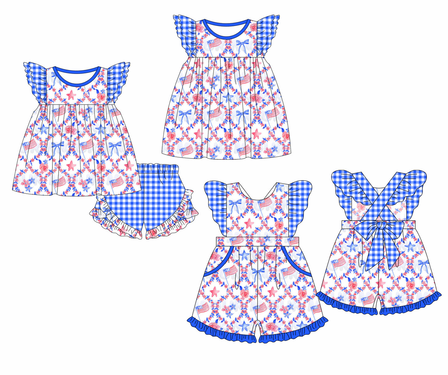 Baby Boy Girl July 4th Bows Flower Flags Sibling Dress Clothes Set ( Moq 5 Each style )11.30
