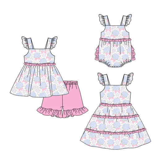 ( Moq 5 Each Style ) Baby Girls Kids Flower Bows Pink Ruffle Sibling Romper Dress Set