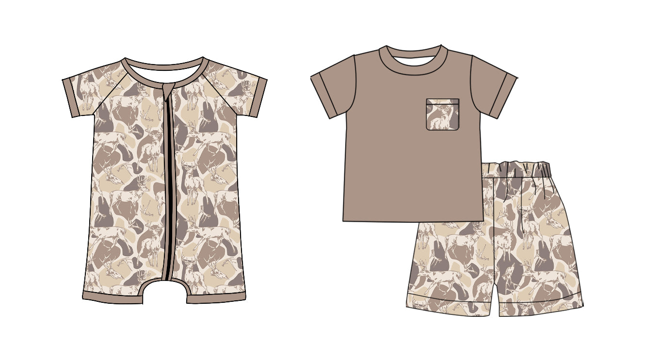 ( Moq 5 Each Style ) Sibling Baby Boys Kids Short Sleeves Deer Tops Shorts Set Zipper Romper
