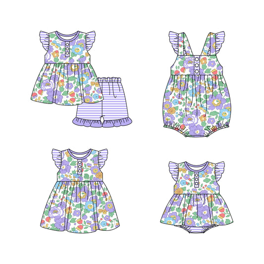 Baby Girl Short Sleeves Flower Purple Sibling Romper Dress Clothes Set ( Moq 5 Each Design )