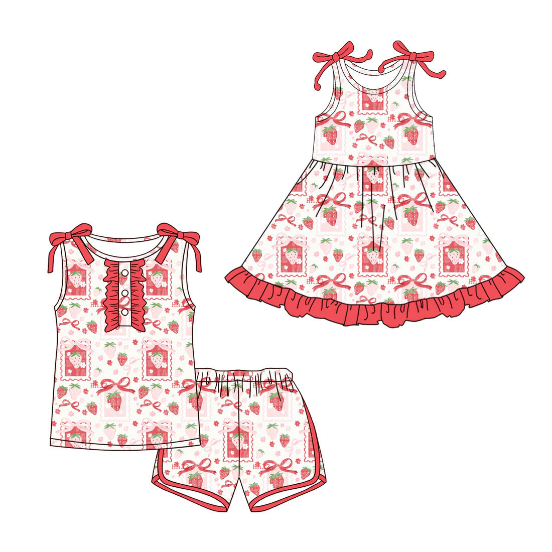 ( Moq 5 Each Style ) Baby Girls Kids Sleeveless Strawberry Flower Bows Sibling Summer Dress Set