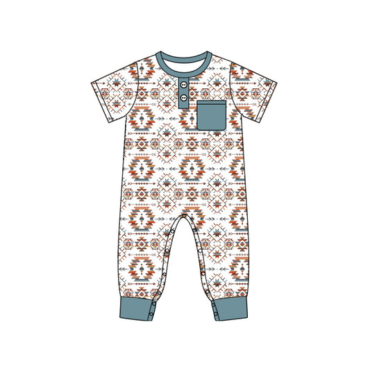 Baby Boy Infant Short Sleeves Aztec Western Pocket Romper Moq 5