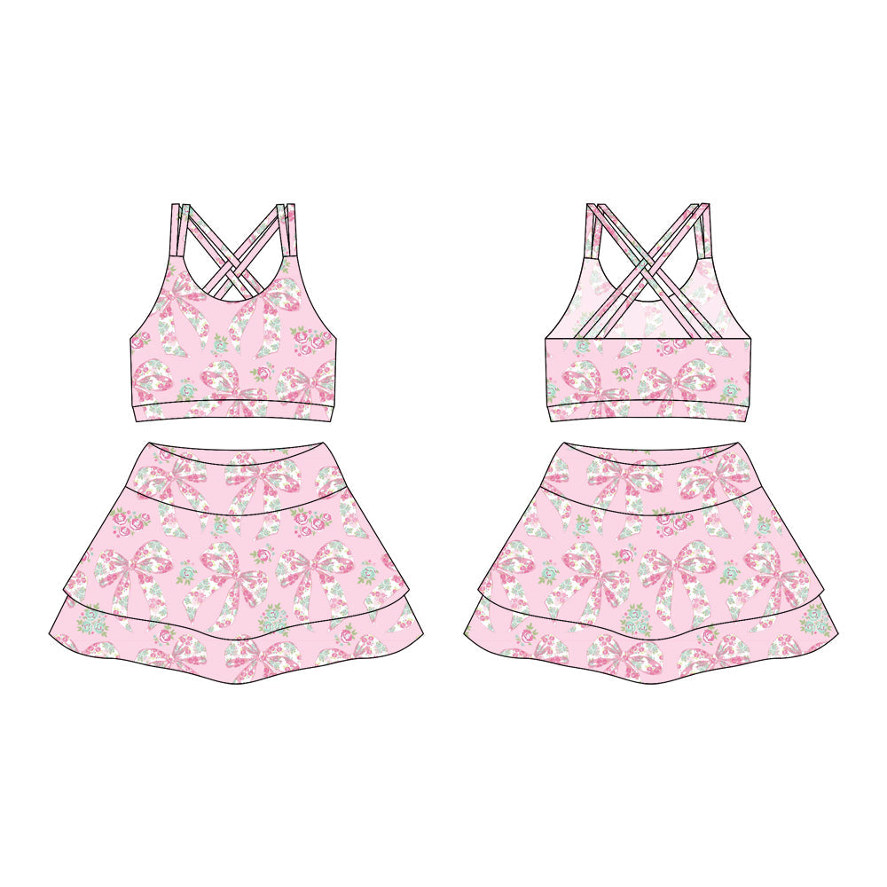 ( moq 10 ) Baby Girl Pink Straps Floral Bows Activity Wear Vests Tops Shorts Skirts Yoga Set