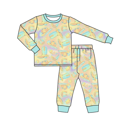 Baby Boy Toddler Long Sleeves Boots Western Tie Dye Shirt Pajamas Pants Set