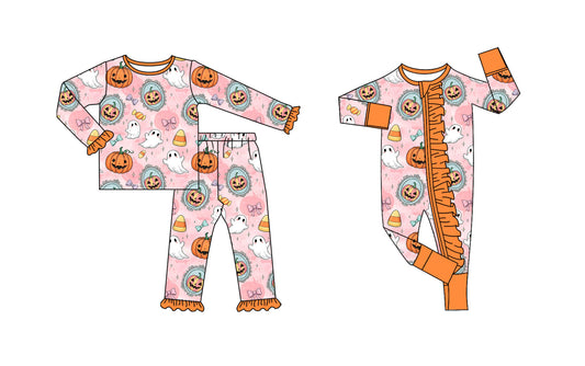 ( Moq 5 Each Style ) Baby Girl Toddler Pumpkins Ghosts Halloween Sibling Romper Set