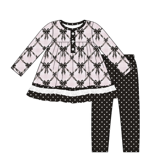 Baby Girl Long Sleeves Bows Tops Dots Black Pants Set