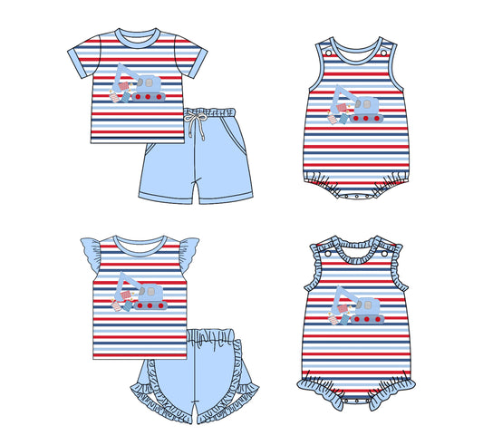 Baby Boy Girl Construction Stripes July 4th Sibling Dress Romper Set ( Moq 5 Each style )11.25