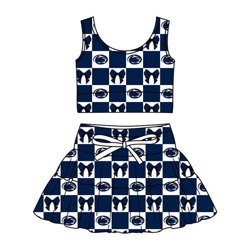 ( Moq 5 ) Baby Girls Toddler Leopard Bows Navy Checked Tops Shorts Skirt Team Set