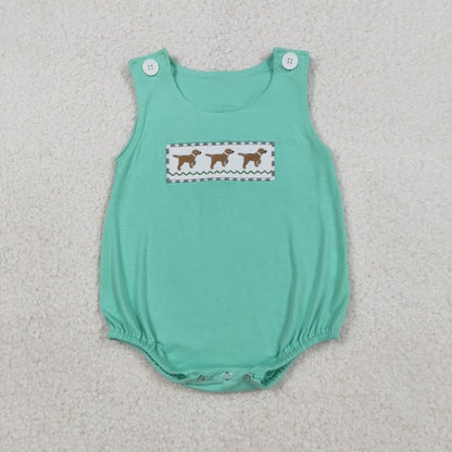 Baby Boys Infant Sleeveless Embroidery Dogs Green Bubble Romper RTS