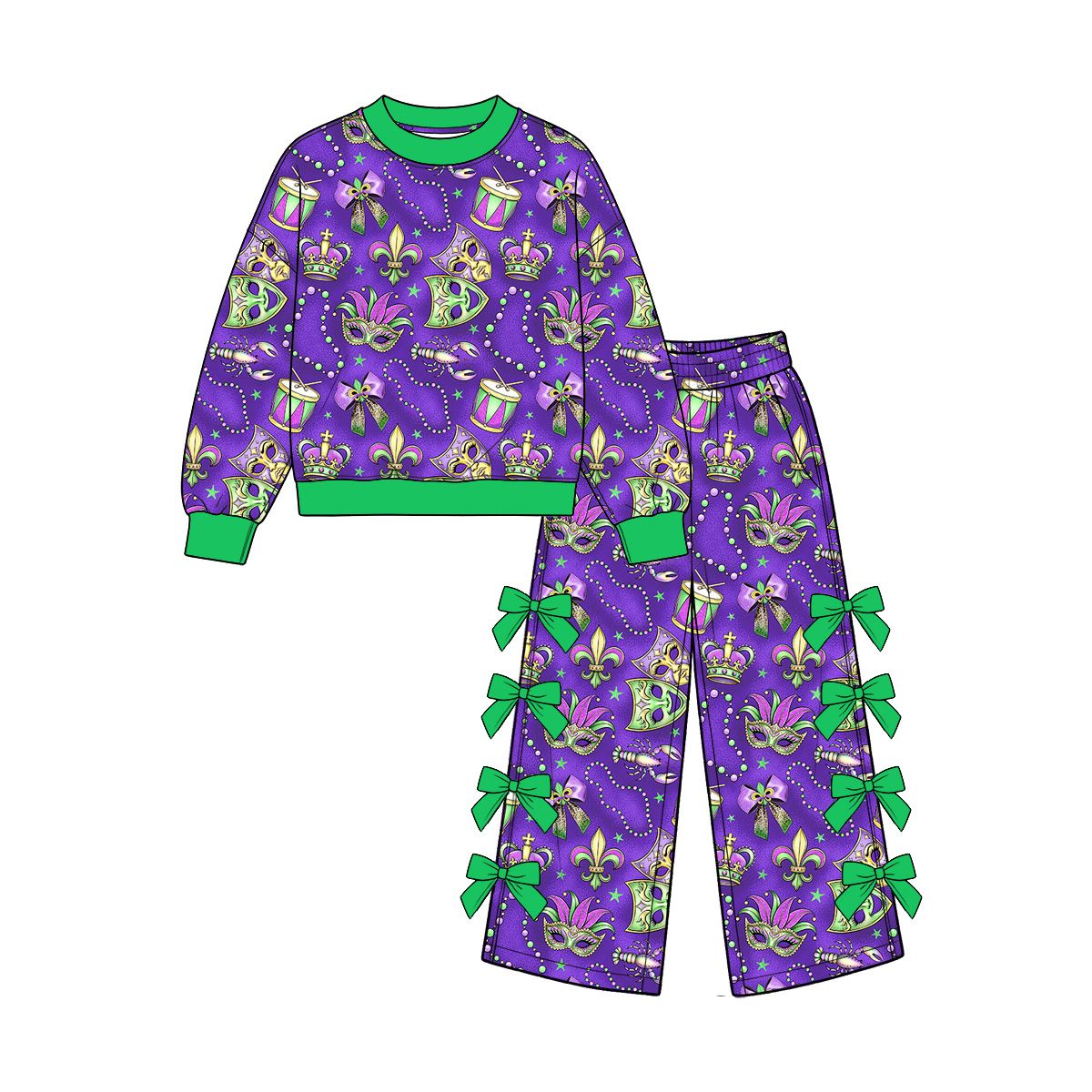 ( Moq 5 ) Preorder Baby Girls Kids Long Sleeves Masks Shirt Bows Pants Set Mardi Gras Clothes