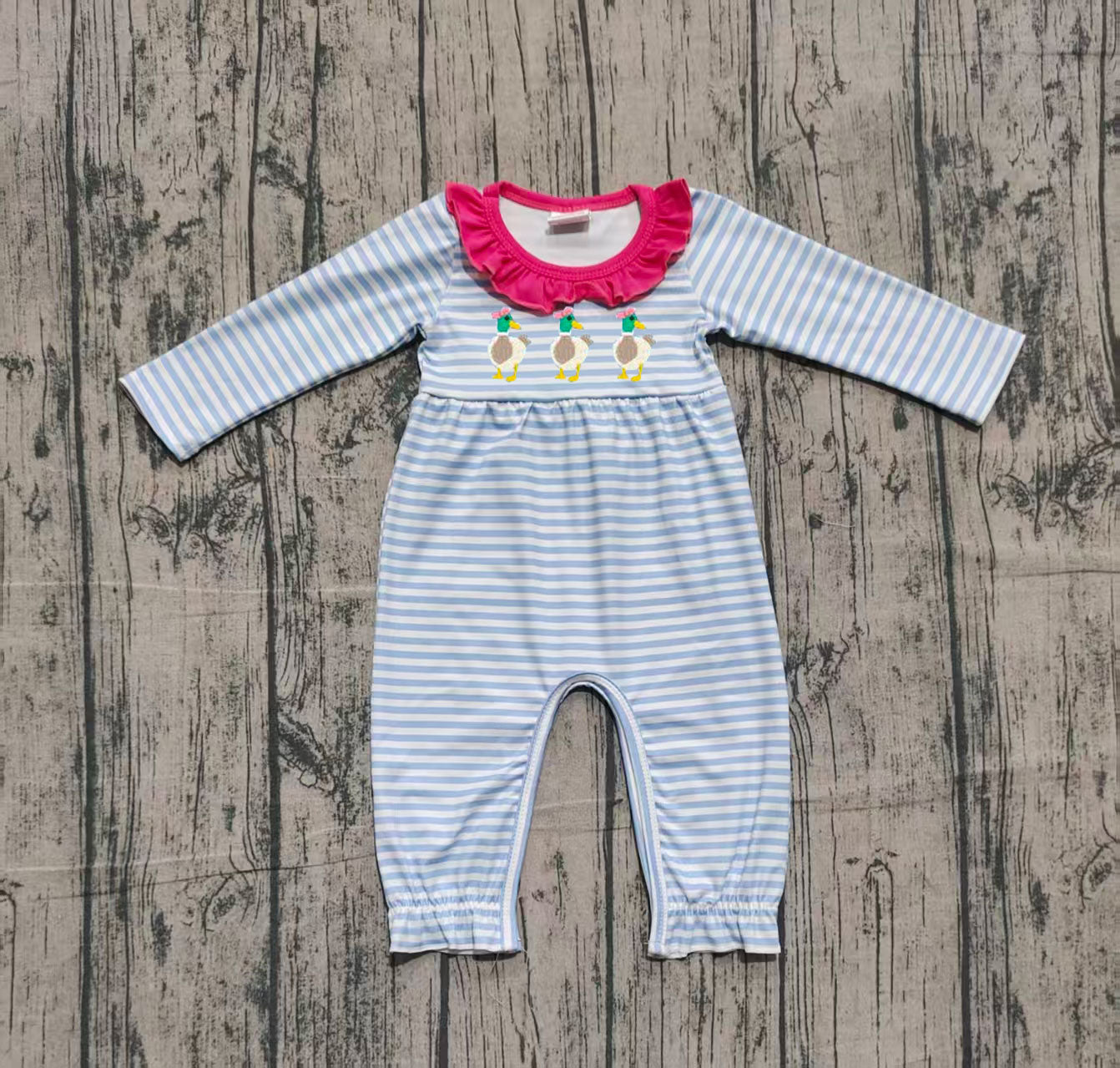 ( No moq ) Preorder Girls Infant Long Sleeves Embroidery Ducks Stripes Ruffle Romper