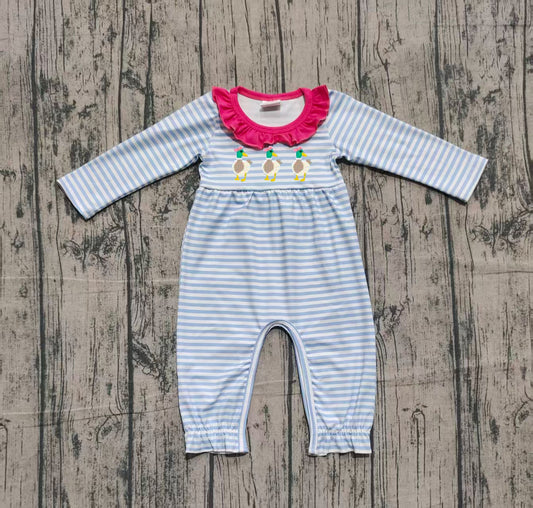 ( No moq ) Preorder Girls Infant Long Sleeves Embroidery Ducks Stripes Ruffle Romper