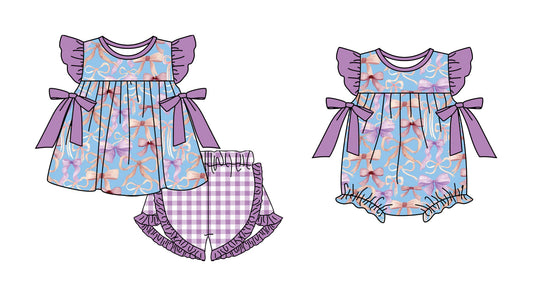 Baby Girl Short Sleeves Bows Sibling Ruffle Purple Romper Clothes Set Moq 5 Each Style