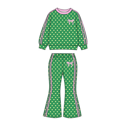 ( Moq 5 ) Preorder Baby Girls Kids Long Sleeves Dots Shirt Pants Bows Set Green Clothes
