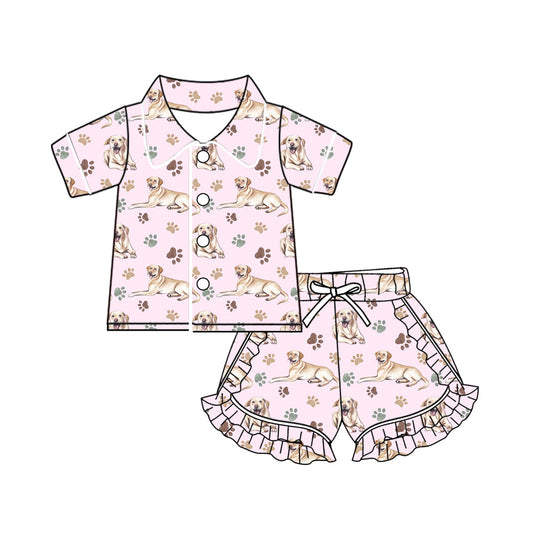 Baby Girl Short Sleeves Dog Buttons Shirt Ruffle Shorts Pajamas Pink Set Moq 5