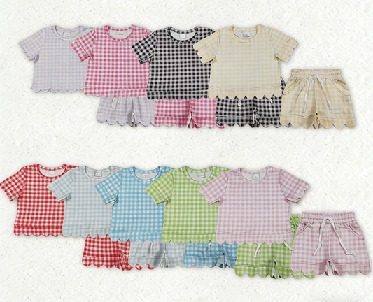 Sibling Baby Girls Kids Short Sleeves Plaid Tops Scallop Shorts Outfits Summer Clothes RTS
