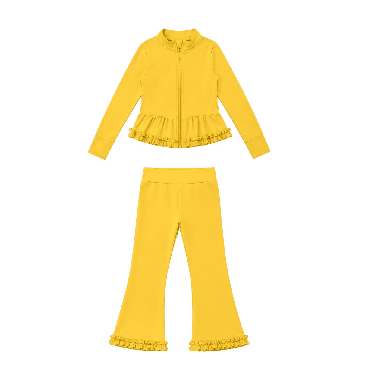 ( Moq 5 ) Preorder Baby Girls Kids Zipper Ruffle Cardigan Tops Pants Yellow Set Yoga Active Clothes
