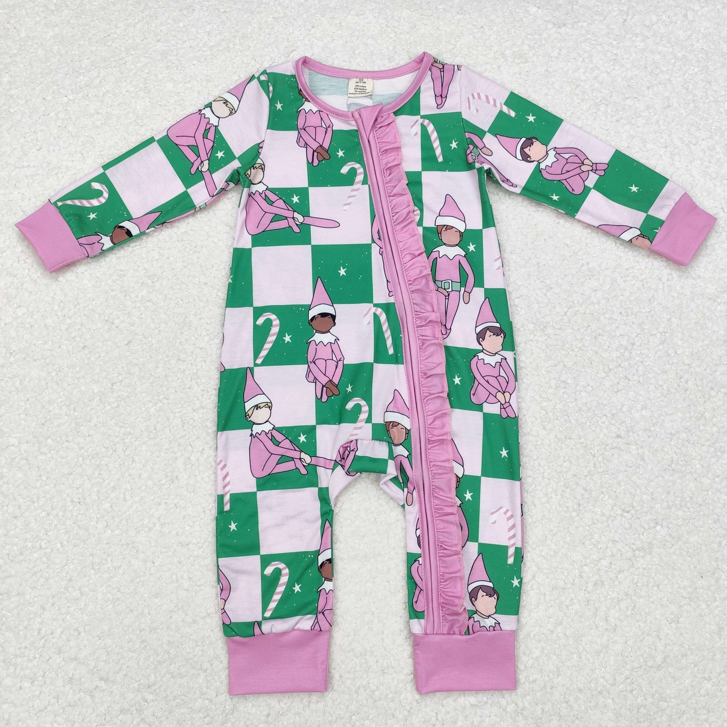 Baby Girl Infant Long Sleeves Pink Green Christmas Zipper Bamboo Romper