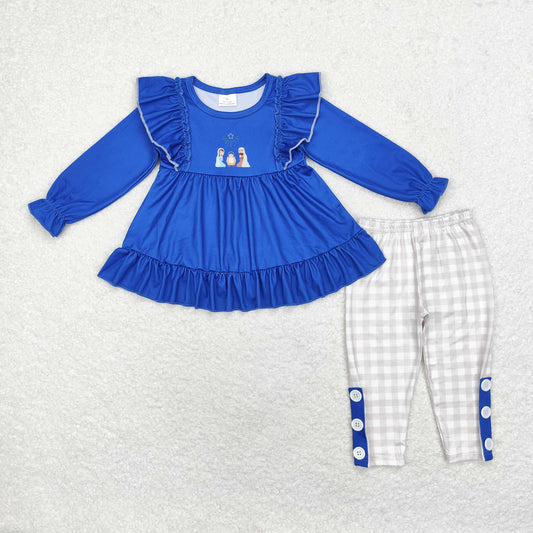 Baby Girl Long Sleeves Blue Christmas Nativity Tunic Plaid Pants Set