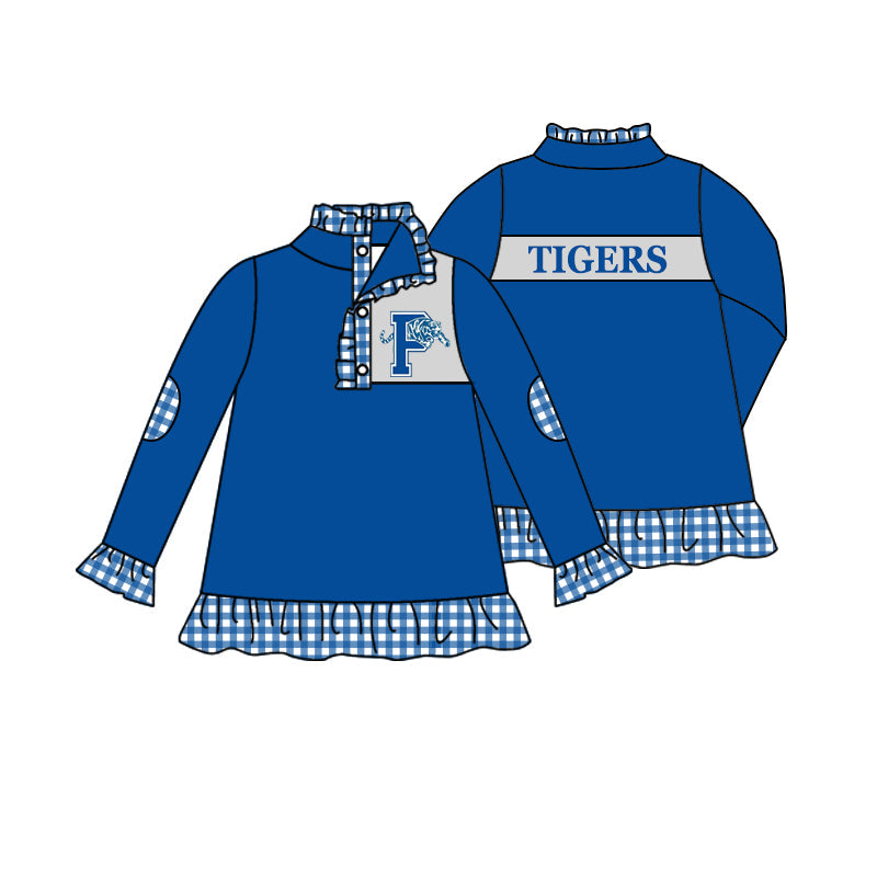 Baby Girl Long Sleeves Tiger Blue Buttons Pullover Team Shirt Tops