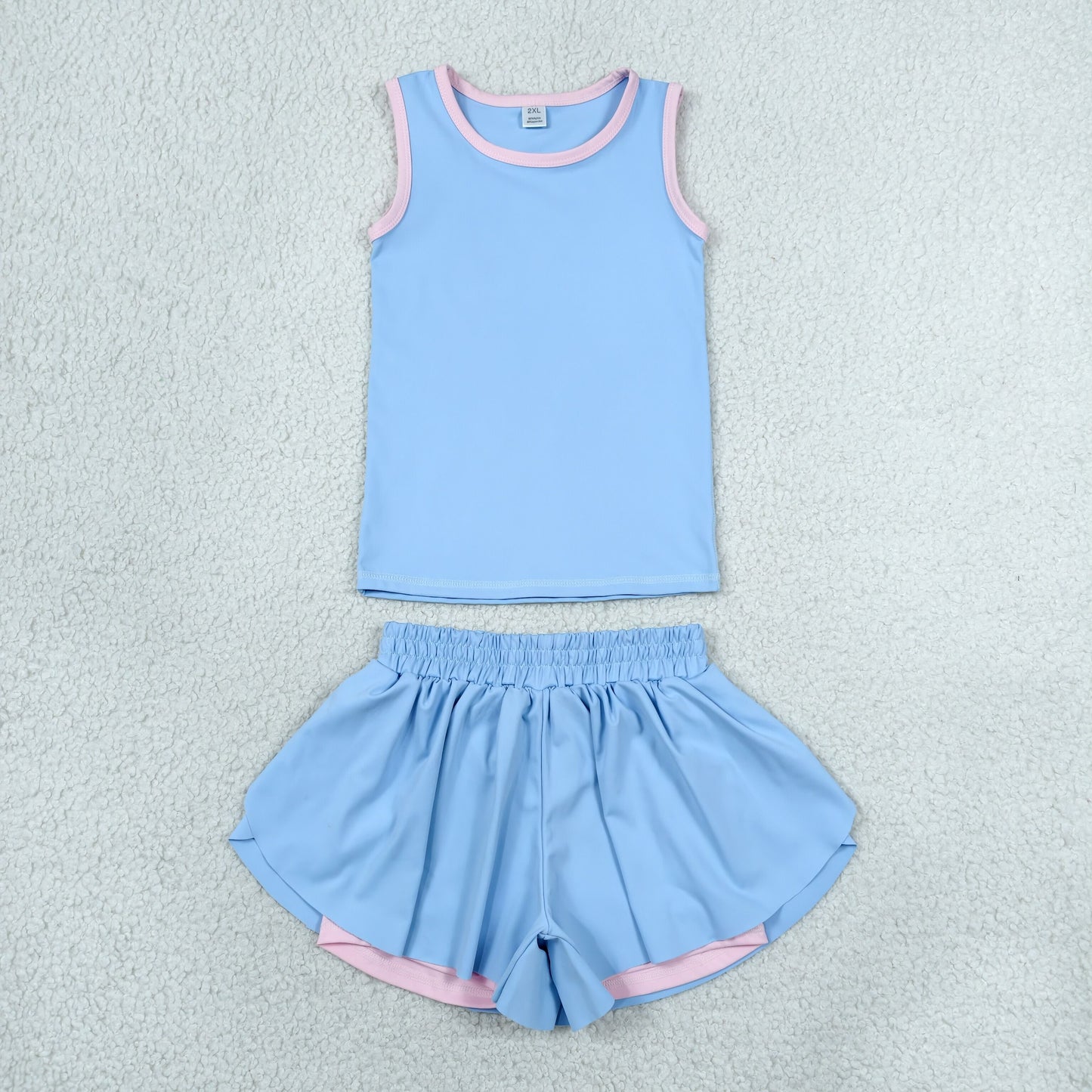 Baby Girls Kids Sleeveless Blue Tops Ruffle Shorts Set Yoga Active Clothes RTS