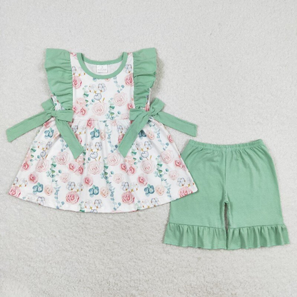 Baby Girl Flower Sibling Summer Green Romper Dresses Set