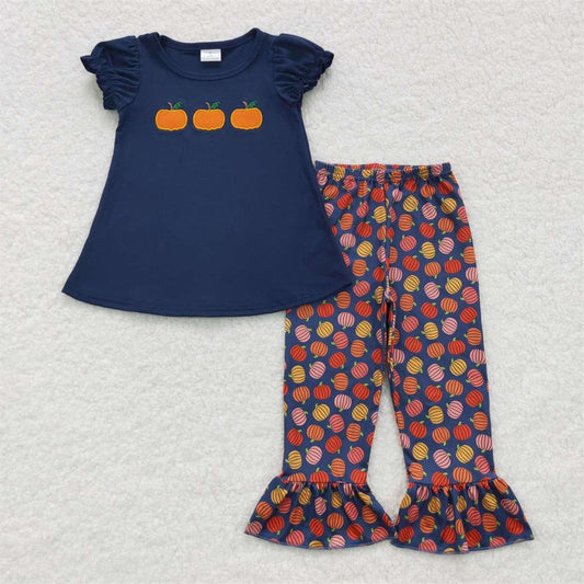 GSPO0762 Baby Girl Embroidery Pumpkin Short Sleeves Shirt Pants Outfit