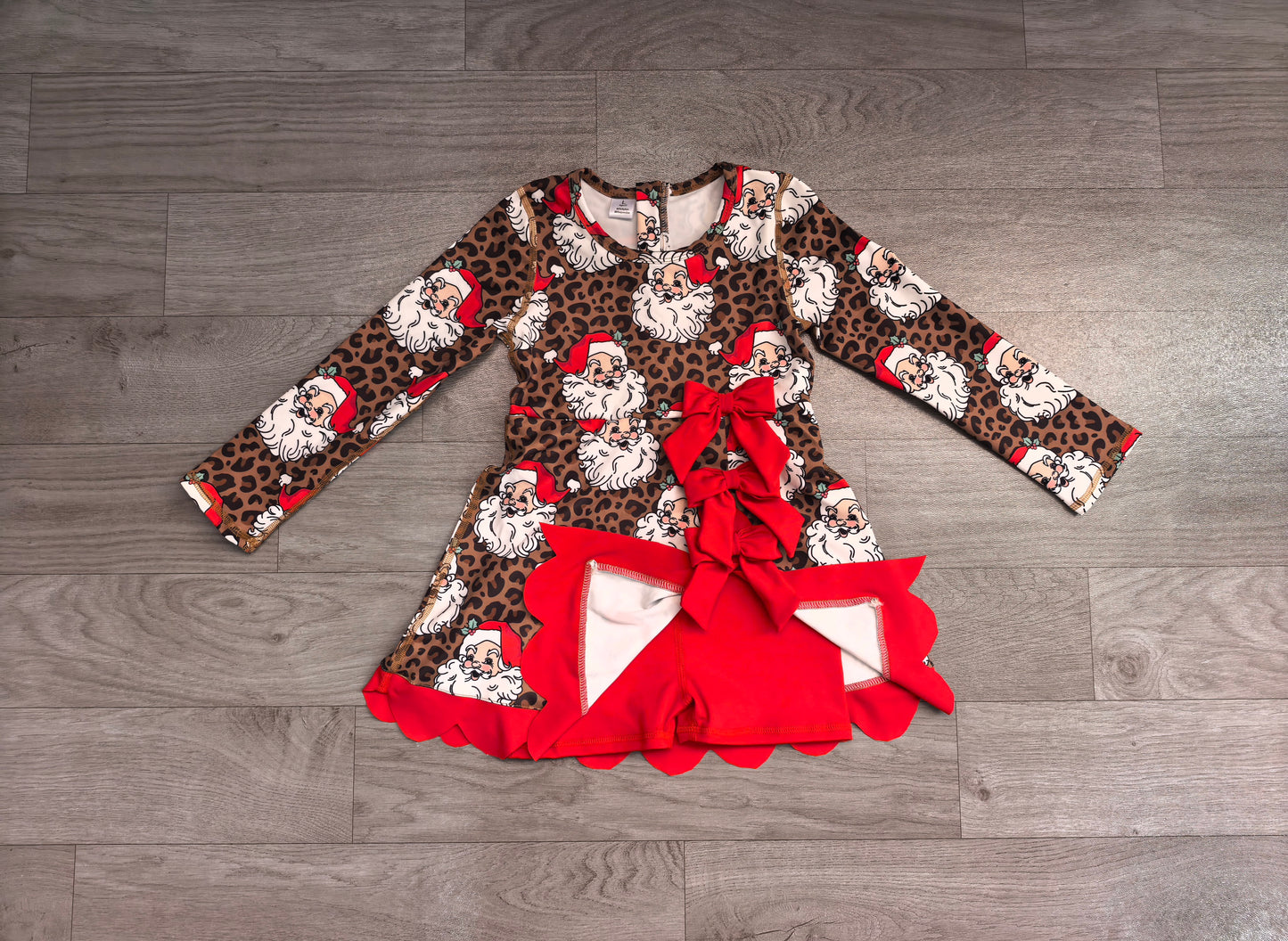 ( No moq ) Preorder Baby Girls Kids Long Sleeves Christmas Santa Leopard Bows Scallop Dress Yoga Active Clothes
