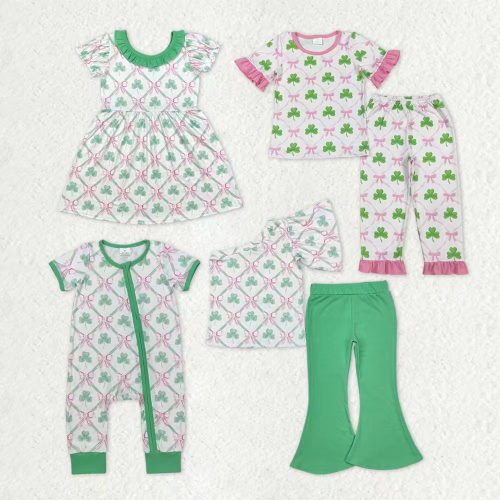 Sibling Baby Girl Kids Short Sleeves St Patrick Clovers Bows Zipper Romper Dress Sets Clothes RTS