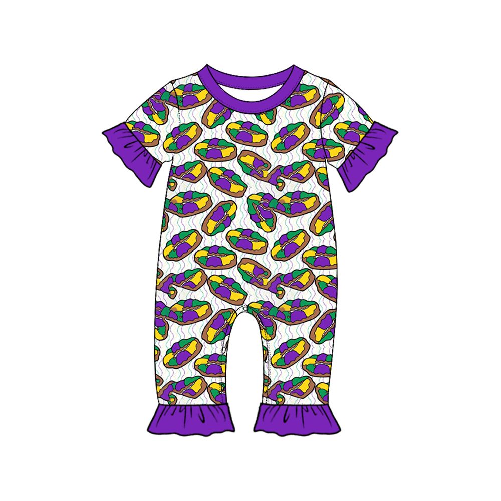 ( Moq 5 ) Preorder Baby Girls Kids Short Sleeves Donuts Mardi Gras Romper Clothes