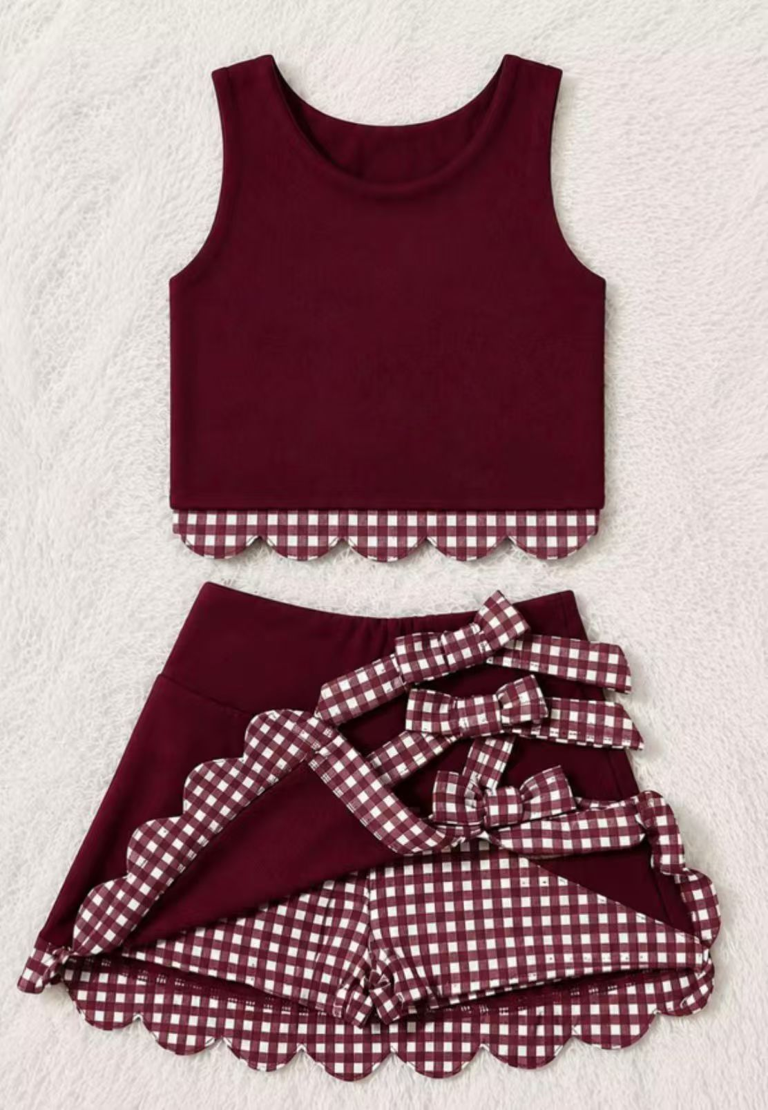 ( Moq 5 ) Preorder Baby Girls Kids Dark Red Vest Plaid Bows Scallop Bows Skirt Shorts Yoga Active Set Clothes