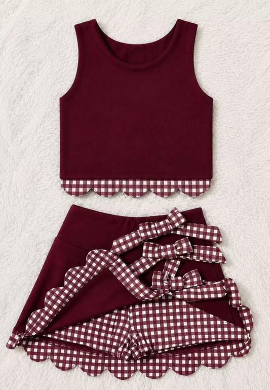 ( Moq 5 ) Preorder Baby Girls Kids Dark Red Vest Plaid Bows Scallop Bows Skirt Shorts Yoga Active Set Clothes