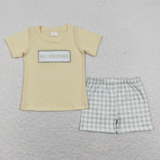 BSSO0403 Baby Boy Short Sleeves Embroidery Big Brother Shirt Plaid Shorts Set