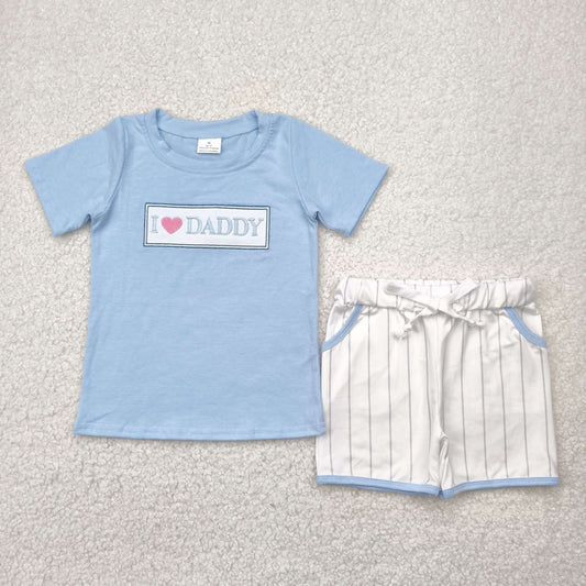Baby Boy Embroidery  I LOVE DADDY Blue Shirt Stripes Pockets Shorts Set