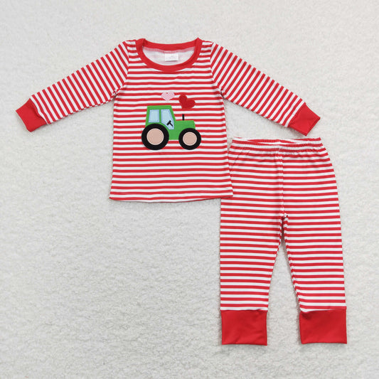 BLP0438 Valentine's Day Baby Boy Long Sleeves Embroidery Hearts Tractor Stripes Shirt Pants Set Pajamas