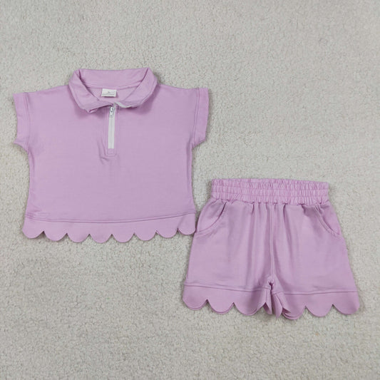 Baby Girls Kids Short Sleeves Zipper Shirt Scallop Shorts Set RTS