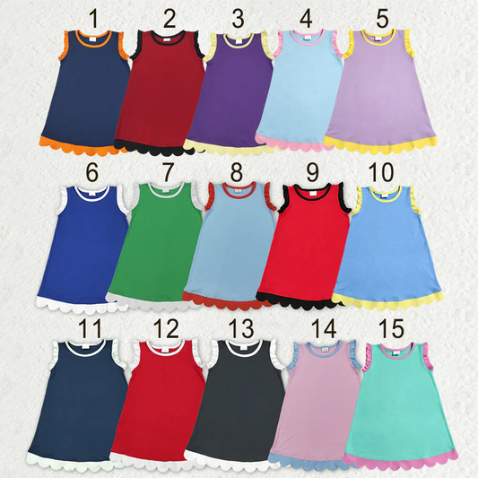 Sibling Baby Girls Kids Sleeveless Scallop Knee Length Dresses Cotton Clothes RTS