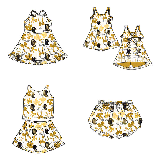 ( Moq 5 Each Style ) Baby Girls Toddler Yellow Bows Sibling Team Shorts Dresses Set Clothes