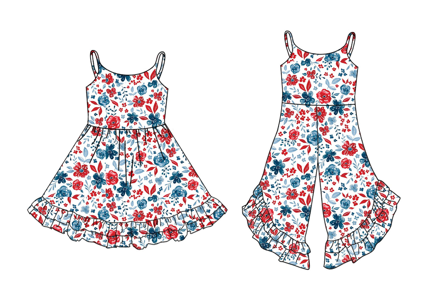Baby Girl July 4th Flower Straps Sibling Jumpsuit Set ( Moq 5 Each Style ) 2.24