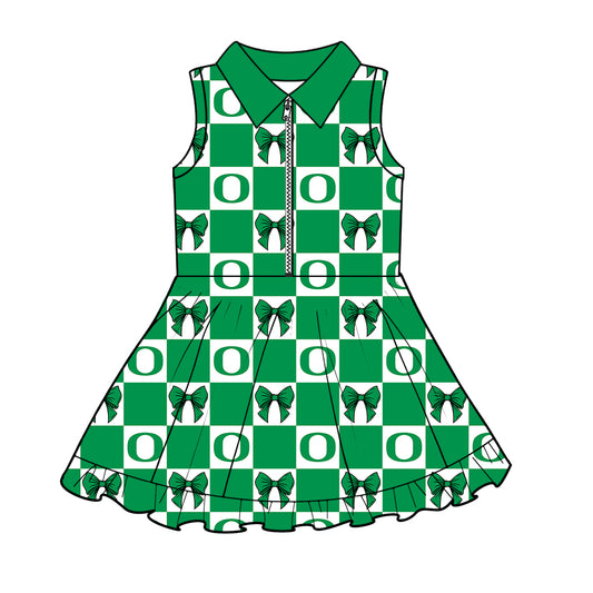 ( Moq 5 ) Baby Girls Kids Sleeveless Green Bows Checked Team Zipper Shorts Knee Length Dress