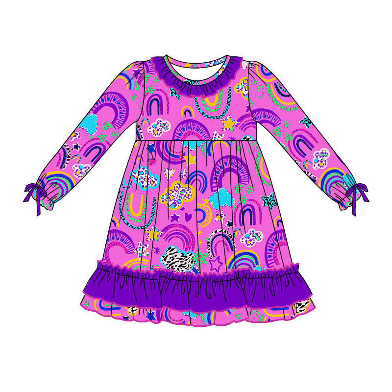 Baby Girl Long Sleeves Rainbow Purple Ruffle Dress