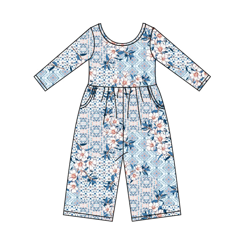 Baby Girl Long Sleeves Western Flower Pocket Jumpsuit