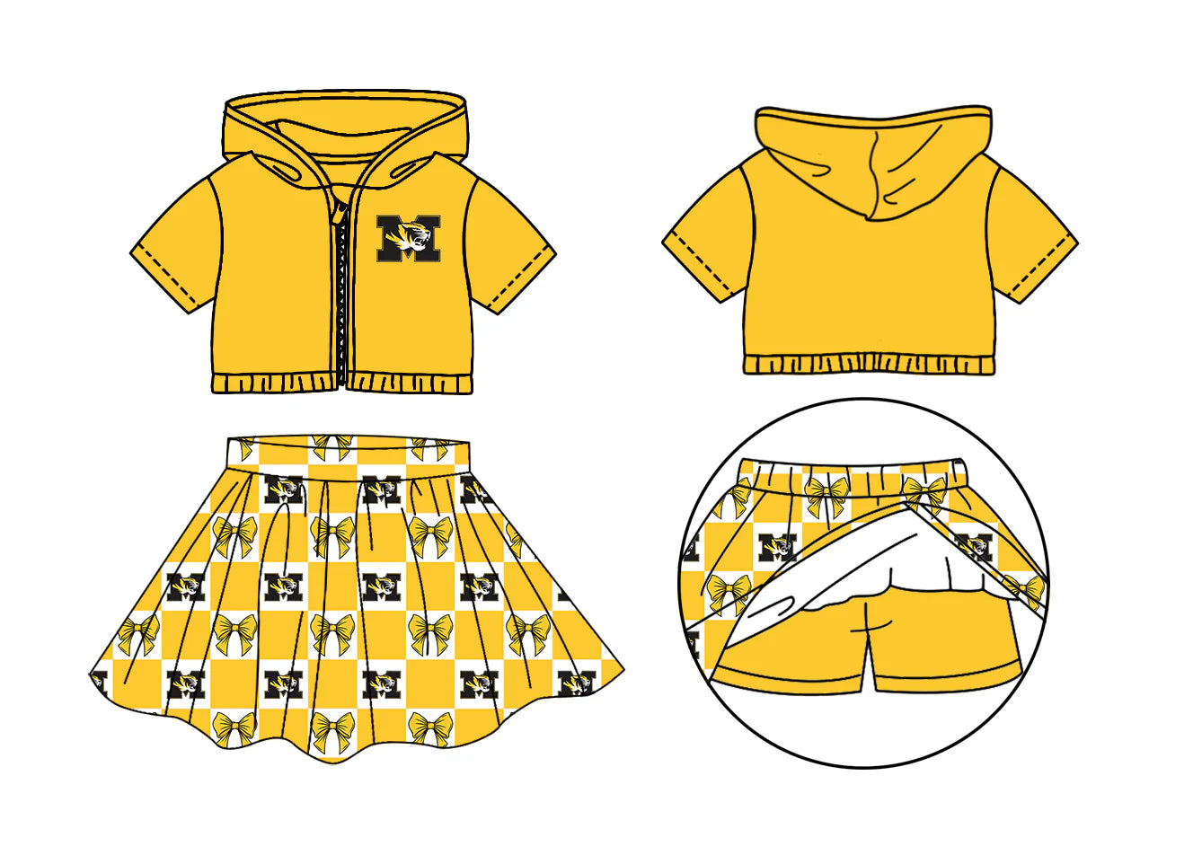 ( Moq 5 Each Style ) Baby Girls Kids Toddler Tiger Hoodie Zipper Tops Yellow Bows Shorts Skirt Team Set