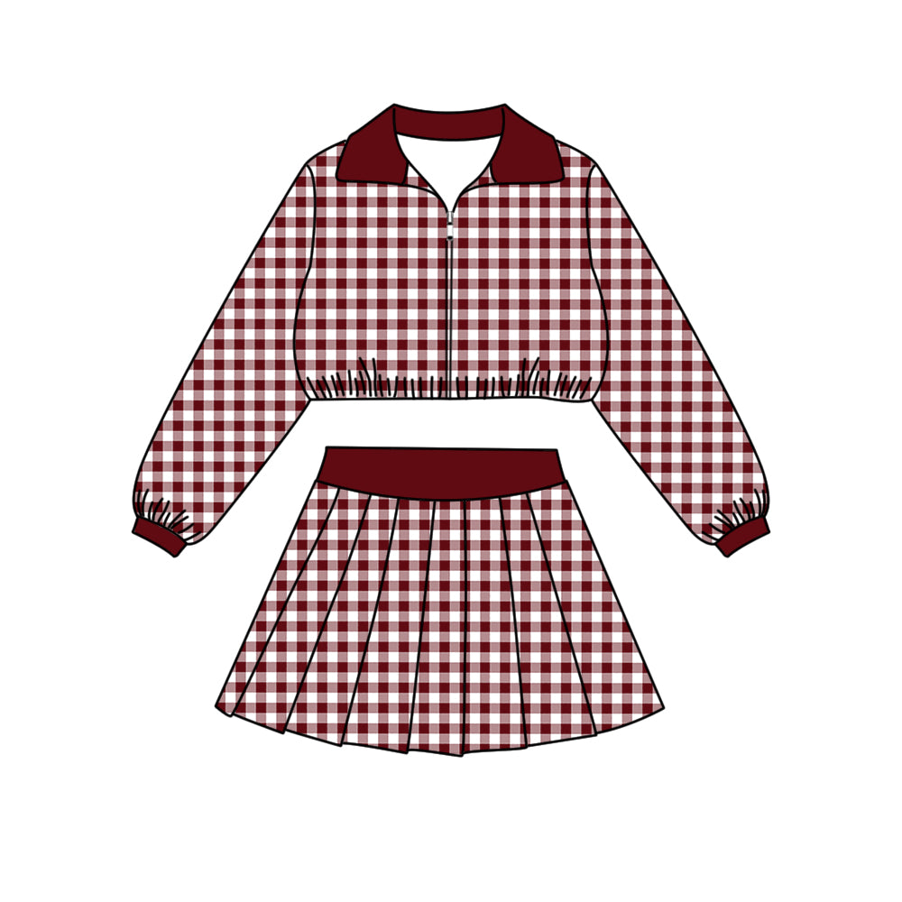 ( Moq 5 ) Baby Girls Kids Long Sleeves Black Plaid Zipper Tops Skirt Shorts Set Clothes