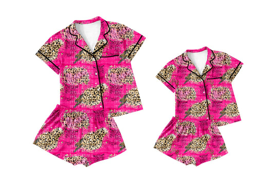 ( Moq 5 Each Style ) Baby Girl Adult Women Buttons Mama's Leopard Shirt Shorts Sibling Mommy And Me Family Pajamas Set