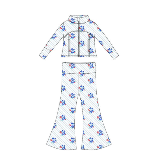 ( Moq 10 ) Baby Girl Long Sleeves Flower Pockets Zipper Tops Bell Bottom Pants Set