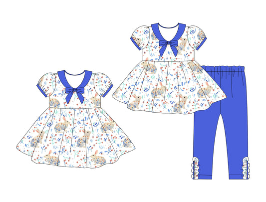( Moq 5 Each Style ) Girls Toddler Short Sleeves Eater Rabbits Floral Sibling Dress Set